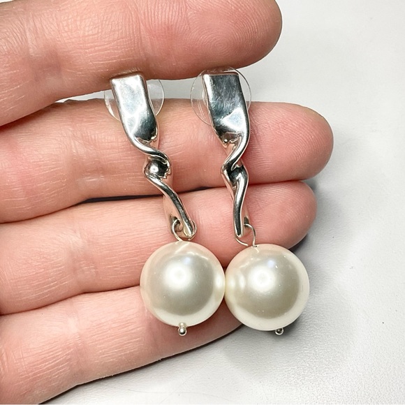 Sterling Silver Israel Electroform Faux Pearl Drop Earrings - Picture 4 of 5